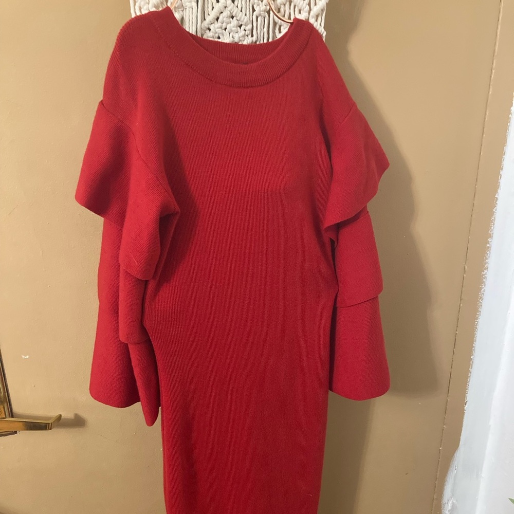 Beautiful Red knit dress with double bell sleeves